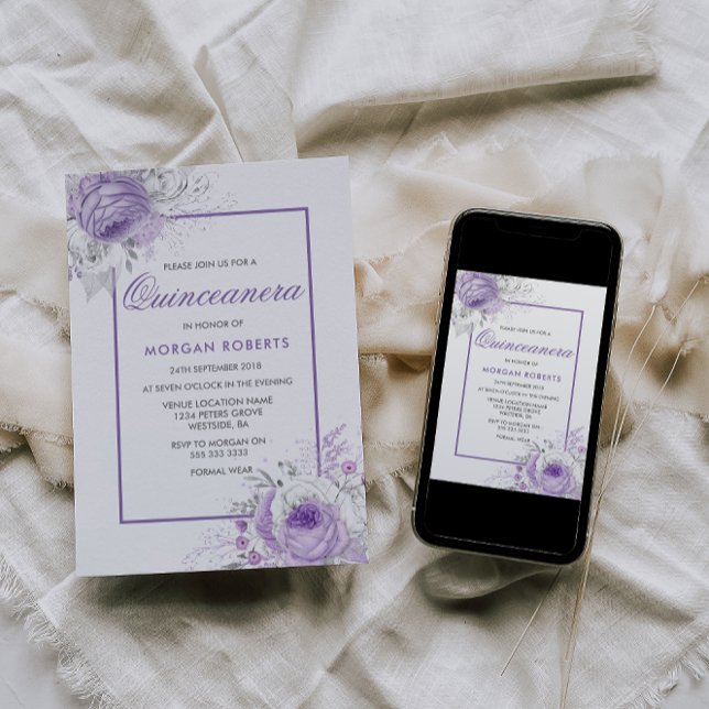 Lavender Purple Flowers Quinceanera Invite (Creator Uploaded)