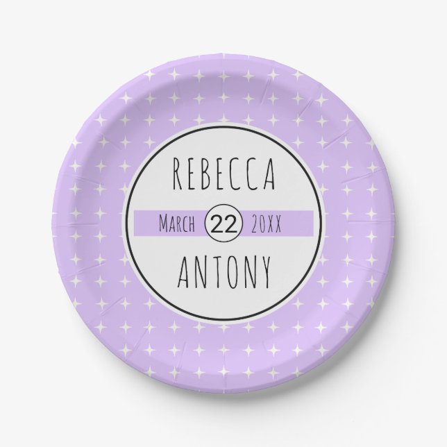 Lavender purple geometric typography wedding paper plates (Front)
