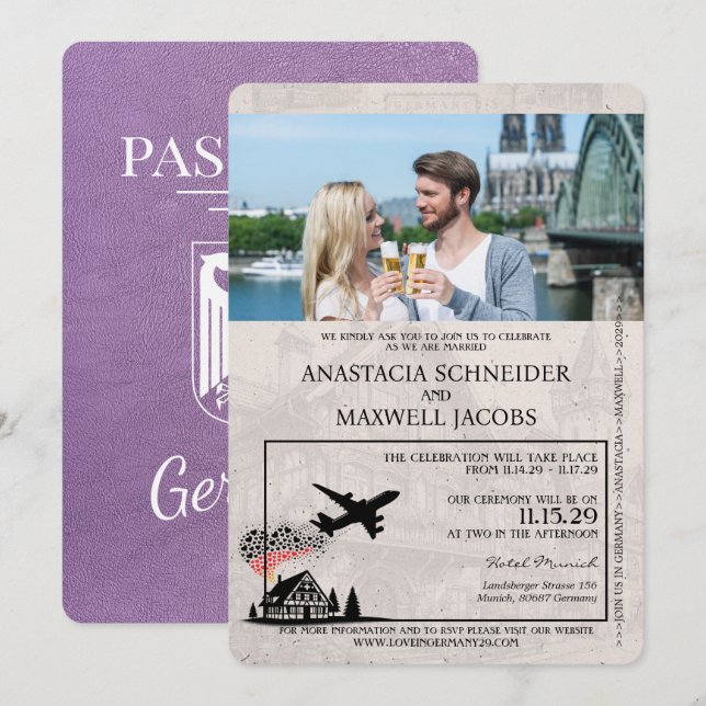 Lavender Purple Germany Passport Wedding Invitation (Front/Back)