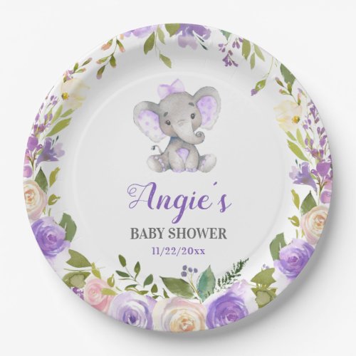 Lavender Purple Girl Elephant Baby Shower Table Paper Plates