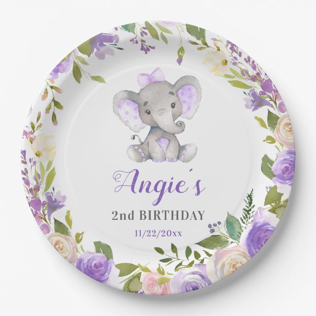 Lavender Purple Girl Elephant Birthday Party Table Paper Plates (Front)
