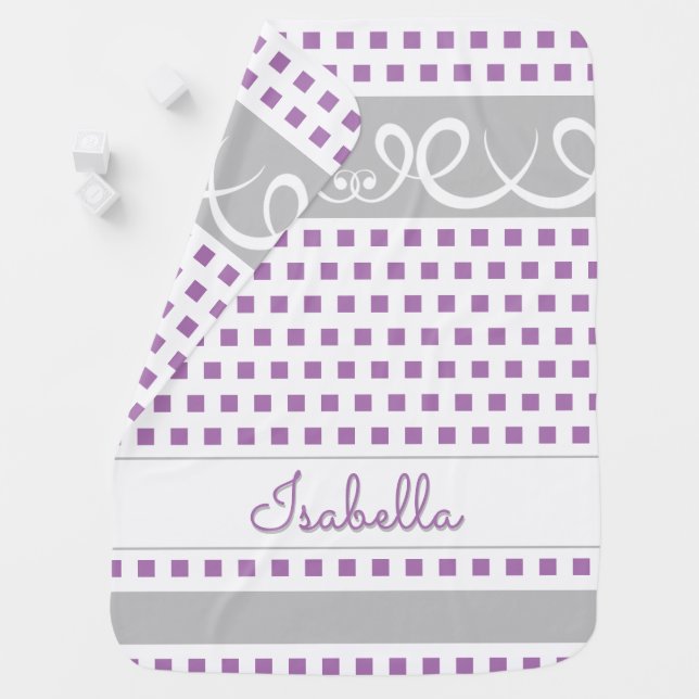 Lavender Purple Girly Polka Dot Sqares & Swirls Baby Blanket (In Situ)
