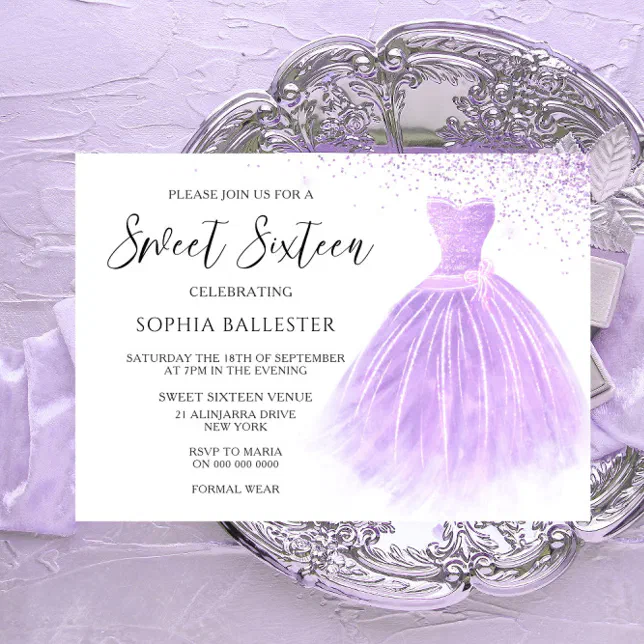 Lavender Purple Glitter Gown Sweet 16 Party Invitation | Zazzle