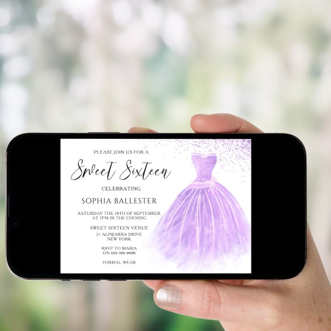 Lavender Purple Glitter Gown Sweet 16 Party Invitation (Front Digital)