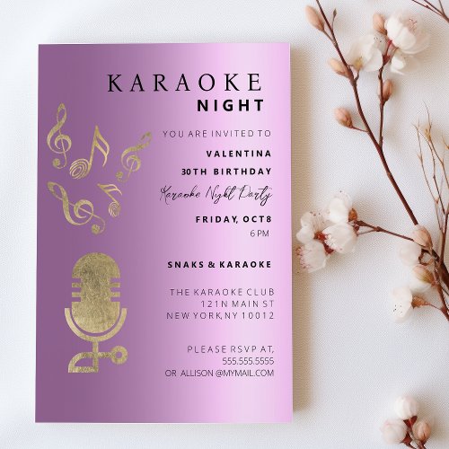 Lavender purple gold 30th birthday Karaoke Party  Invitation