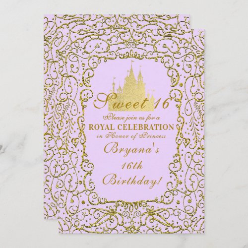Lavender Purple  Gold Castle Princess Sweet 16 Invitation