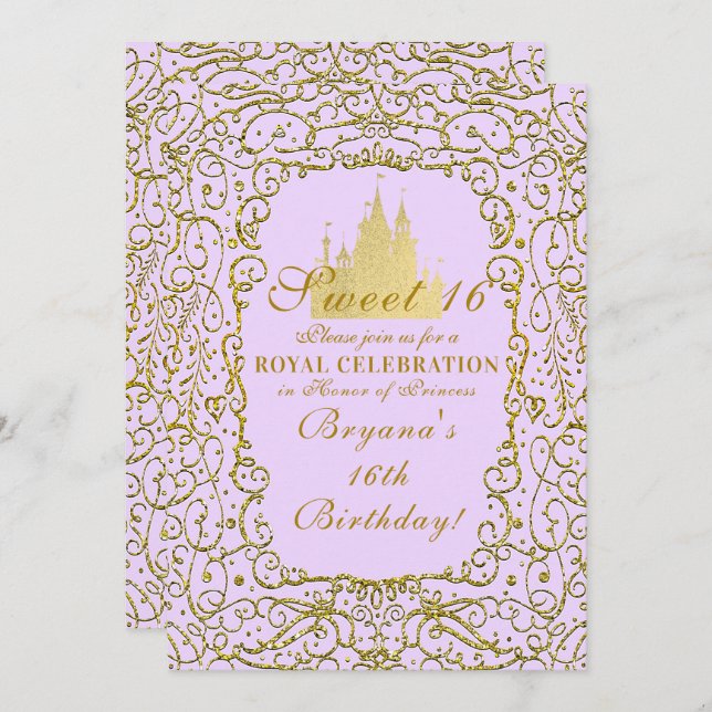 Lavender Purple & Gold Castle Princess Sweet 16 Invitation (Front/Back)