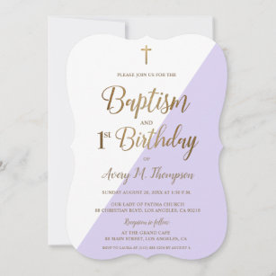 Lavender Purple Gold Cross Baptism 1st Birthday Invitation