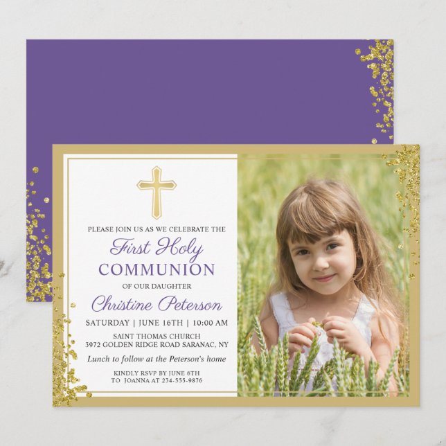 Lavender Purple Gold First Holy Communion Photo Invitation (Front/Back)