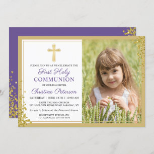Lavender Purple Gold First Holy Communion Photo Invitation