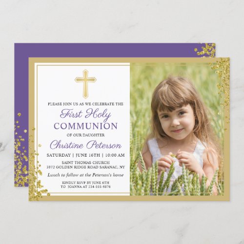 Lavender Purple Gold First Holy Communion Photo Invitation