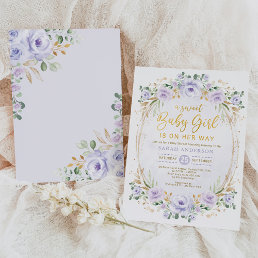 Lavender Purple Gold Floral Baby Girl Shower Invitation