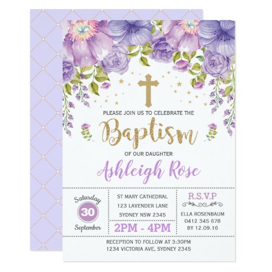 Lavender Purple Gold Floral Girl Baptism Invitation | Zazzle.com