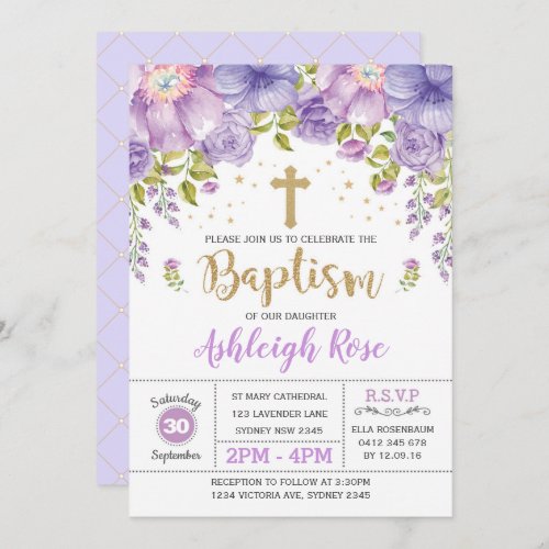 Lavender Purple Gold Floral Girl Baptism Invitation