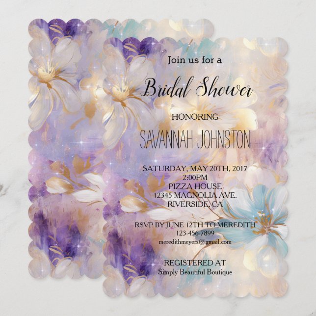 Lavender Purple Gold Glam Floral Bridal Shower Invitation (Front/Back)