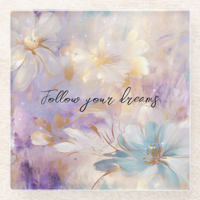 Lavender Purple Gold Glam Floral Wedding  Glass Coaster (Front)