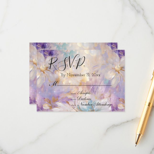 Lavender Purple Gold Glam Floral Wedding RSVP Enclosure Card (Front/Back In Situ)