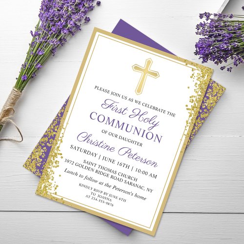 Lavender Purple Gold Glitter First Holy Communion Invitation