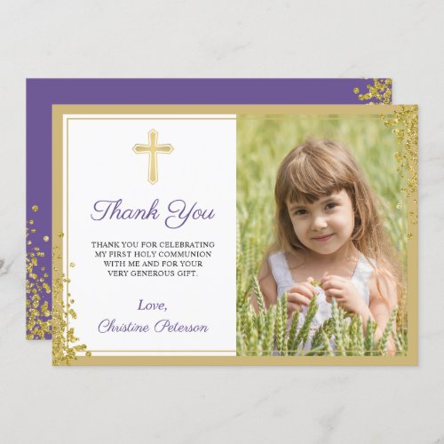 Lavender Purple Gold Glitter First Holy Communion Thank You Card