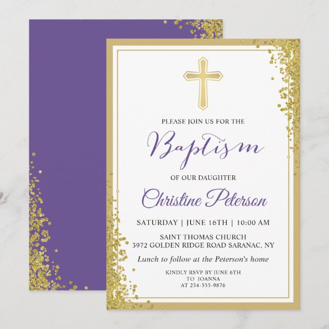 Lavender Purple Gold Glitter Girl Baptism Invitation (Front/Back)