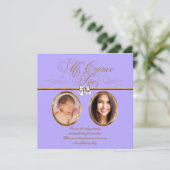 Lavender Purple Gold Photo Quinceanera Invitations (Standing Front)