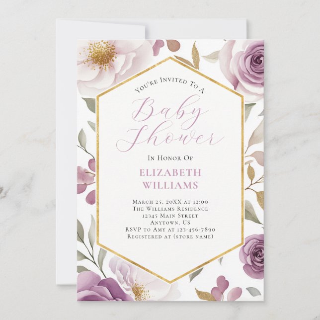 Lavender Purple Gold Roses Peonies Baby Shower Invitation (Front)
