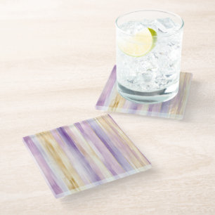 Lavender Purple Gold Stripes Bridal Shower Glass Coaster