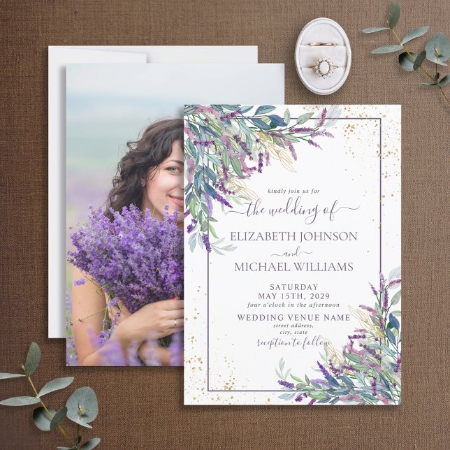 Lavender Purple Gold Watercolor Photo Wedding Invitation (Creator Uploaded)