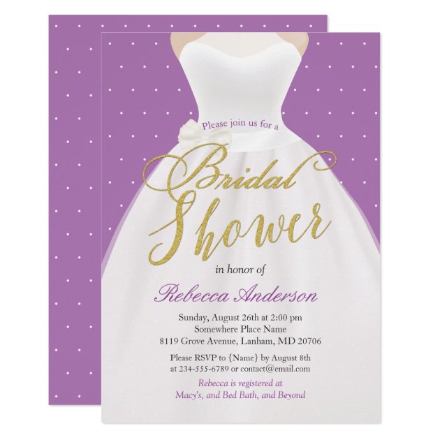 Lavender Purple Gold Wedding Dress Bridal Shower Invitation