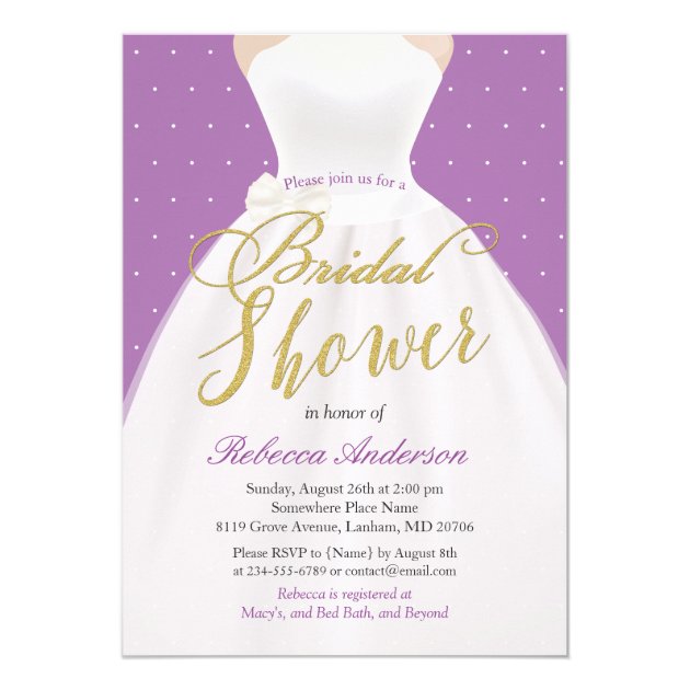 Lavender Purple Gold Wedding Dress Bridal Shower Invitation