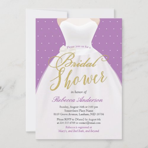 Lavender Purple Gold Wedding Dress Bridal Shower Invitation