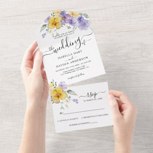 Lavender Purple Golden Yellow Floral Wedding RSVP All In One Invitation