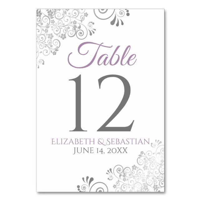 Lavender Purple & Gray Elegant Filigree Wedding Table Number (Front)