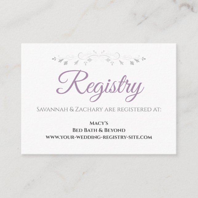 Lavender Purple & Gray Elegant Wedding Registry Enclosure Card (Front)