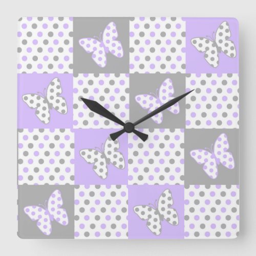 Lavender purple Gray Gray Polka Dot Quilt Girl Square Wall Clock