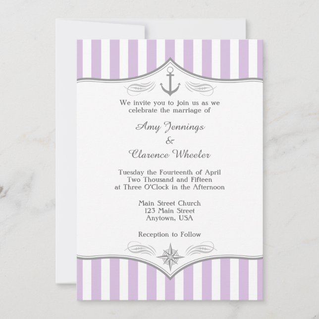 Lavender Purple Gray Nautical Wedding Invitation (Front)