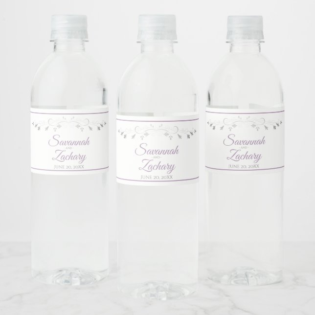Lavender Purple & Gray Wedding Water Bottle Labels (Bottles)