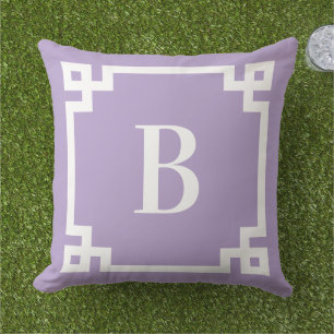 Lavender Purple Greek Key Border Monogram Outdoor Pillow
