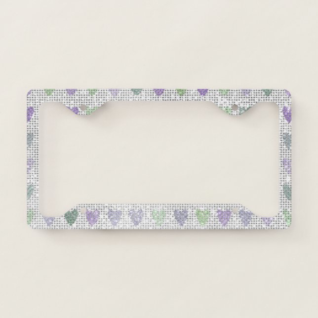 Lavender Purple Green Hearts Sparkle License Plate Frame (Front)