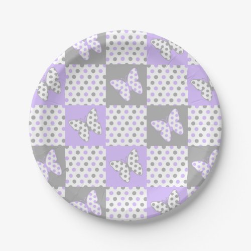 Lavender purple Grey Gray Polka Dot Quilt Girl Paper Plates