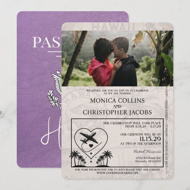 Lavender Purple Hawaii Passport Wedding Invitation (Front/Back)