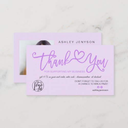Lavender purple heart photo logo order thank you business card