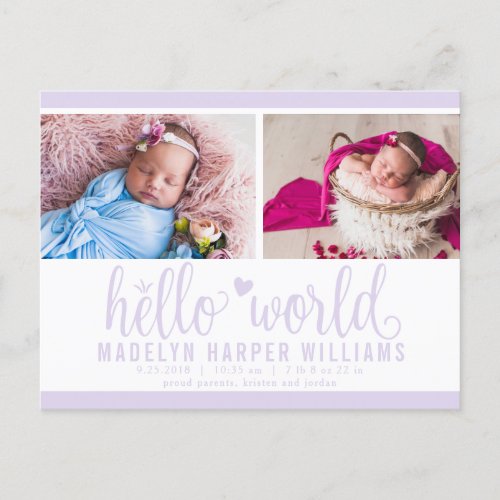 Lavender Purple Hello World Photo Birth Stat Announcement Postcard