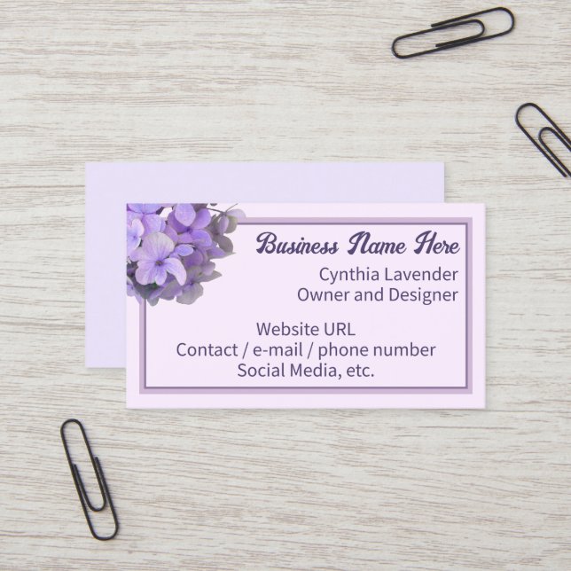 Lavender Purple Hydrangea  Business Card (Front/Back In Situ)