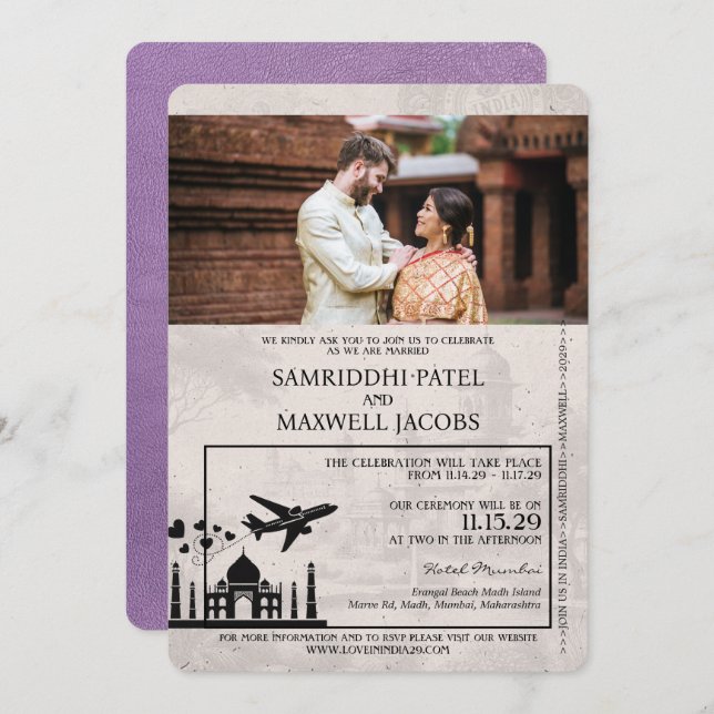 Lavender Purple India Passport Wedding Invitation (Front/Back)