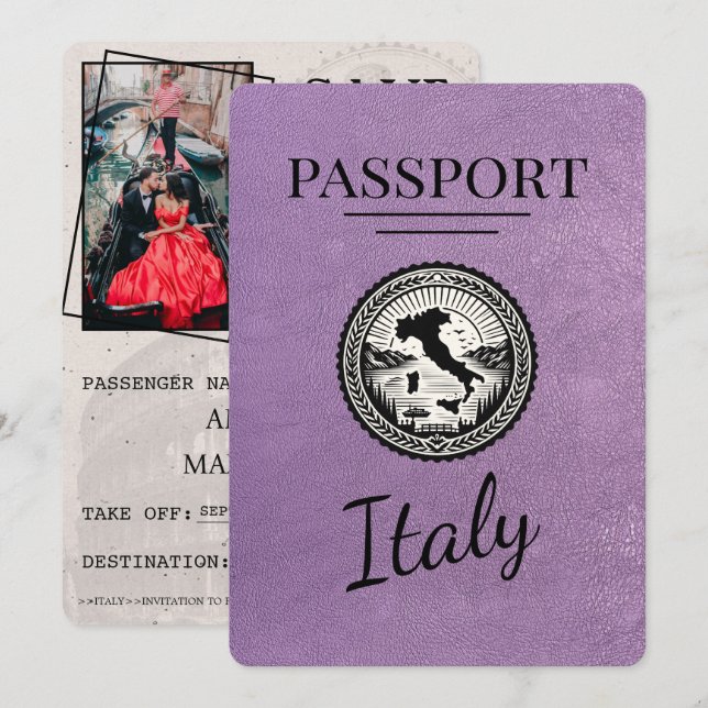 Lavender Purple Italy Passport Save The Date (Front/Back)