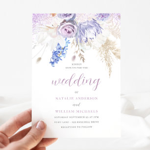 Lavender Purple & Ivory White Floral Wedding Invitation