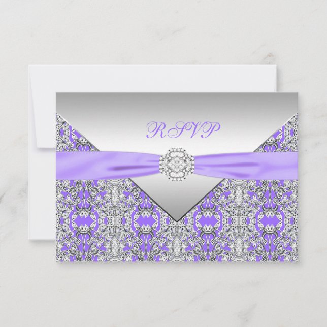 Lavender Purple Lace Diamond Wedding RSVP Card (Front)