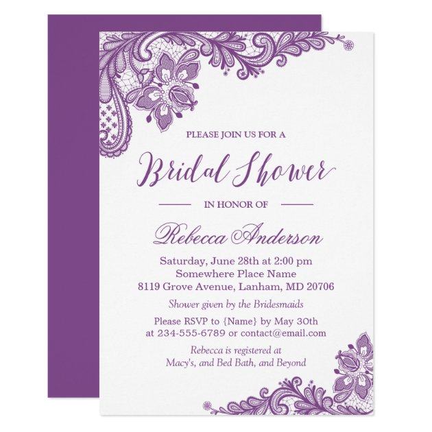 Lavender Purple Lace Elegant Floral Bridal Shower Invitation