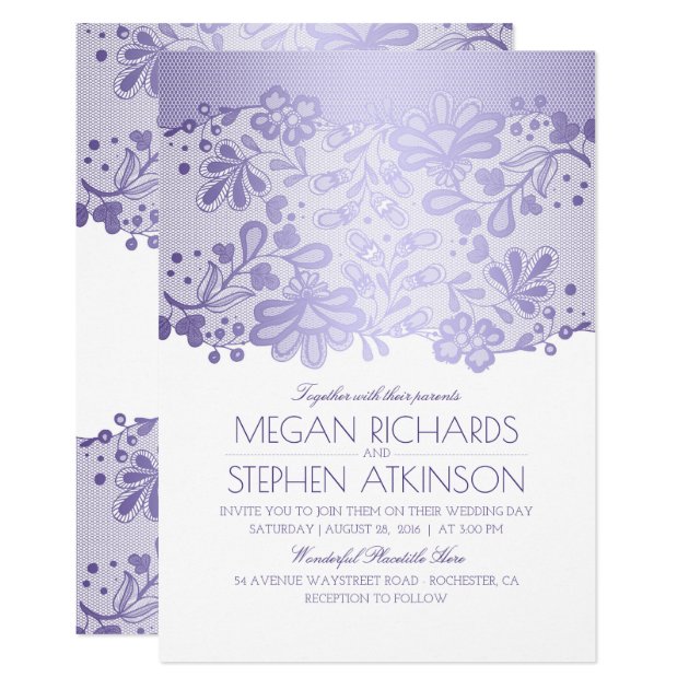 Lavender Purple Lace Elegant Vintage White Wedding Invitation